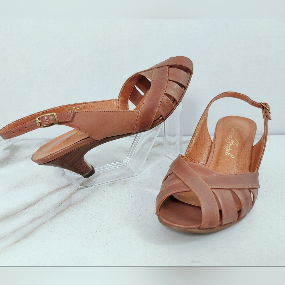 Made in Brazil Cognac Woven Leather Slingback Kitten Heel Sandals, Sz 6
